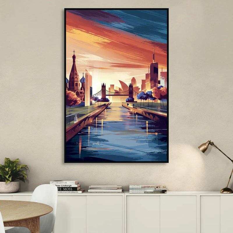 Riverside Iconic Landmarks Sitting Room - Black Canvas Wall Art