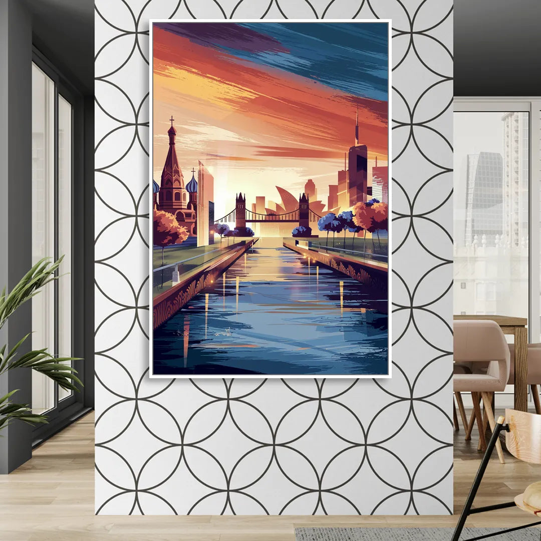 Riverside Iconic Landmarks Living Room - White Canvas Wall Art