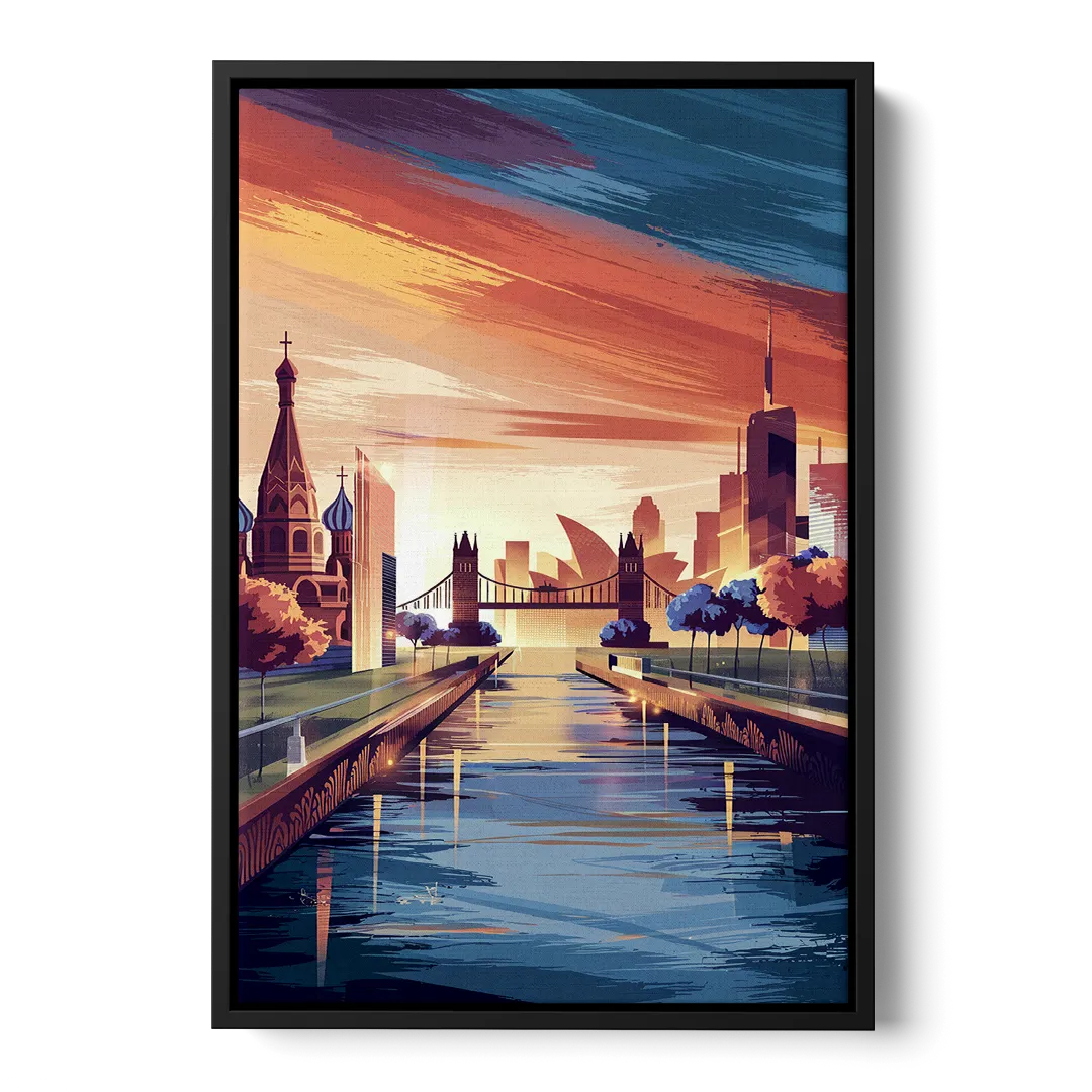 Riverside Iconic Landmarks Front - Black Canvas Wall Art