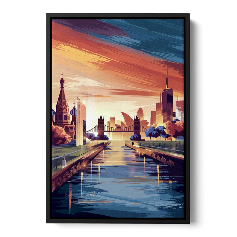Riverside Iconic Landmarks Front - Black Canvas Wall Art