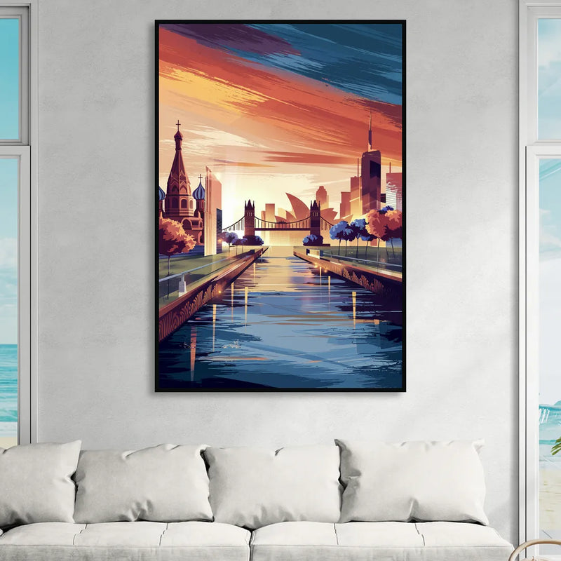 Riverside Iconic Landmarks Living Room - Black Canvas Wall Art