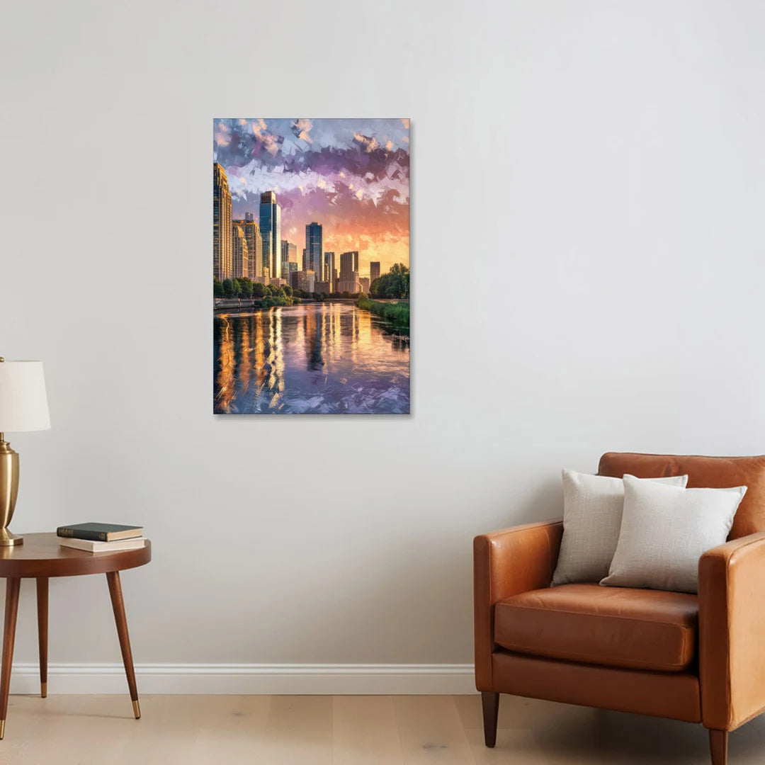 Riverside Modern Cityscape - Canvas Wall Art - Sofa - 24x36
