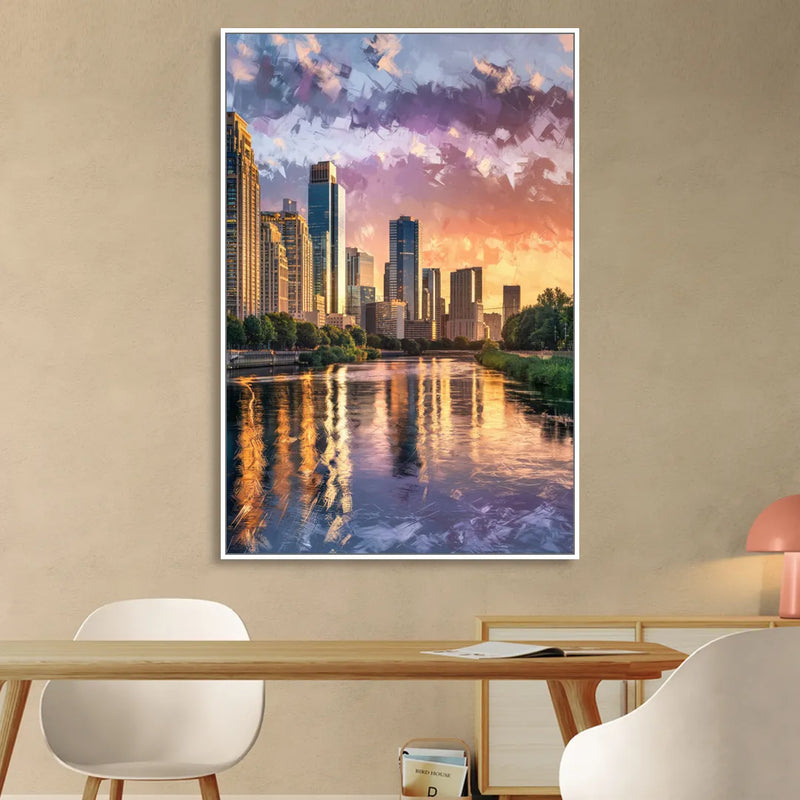 Riverside Modern Cityscape Sitting Room - White Canvas Wall Art