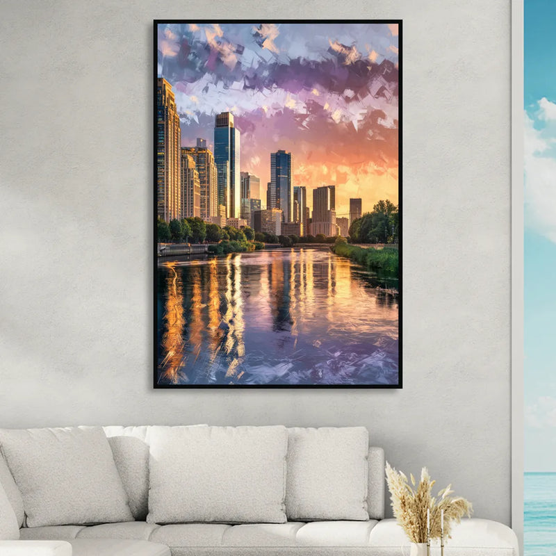 Riverside Modern Cityscape Sitting Room - Black Canvas Wall Art