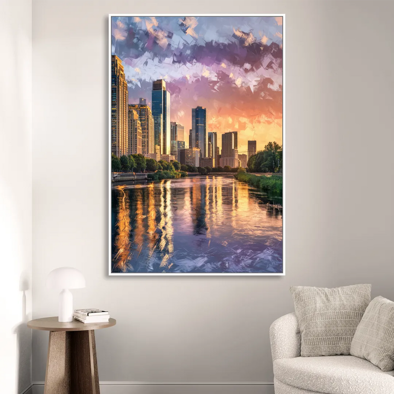 Riverside Modern Cityscape Living Room - White Canvas Wall Art