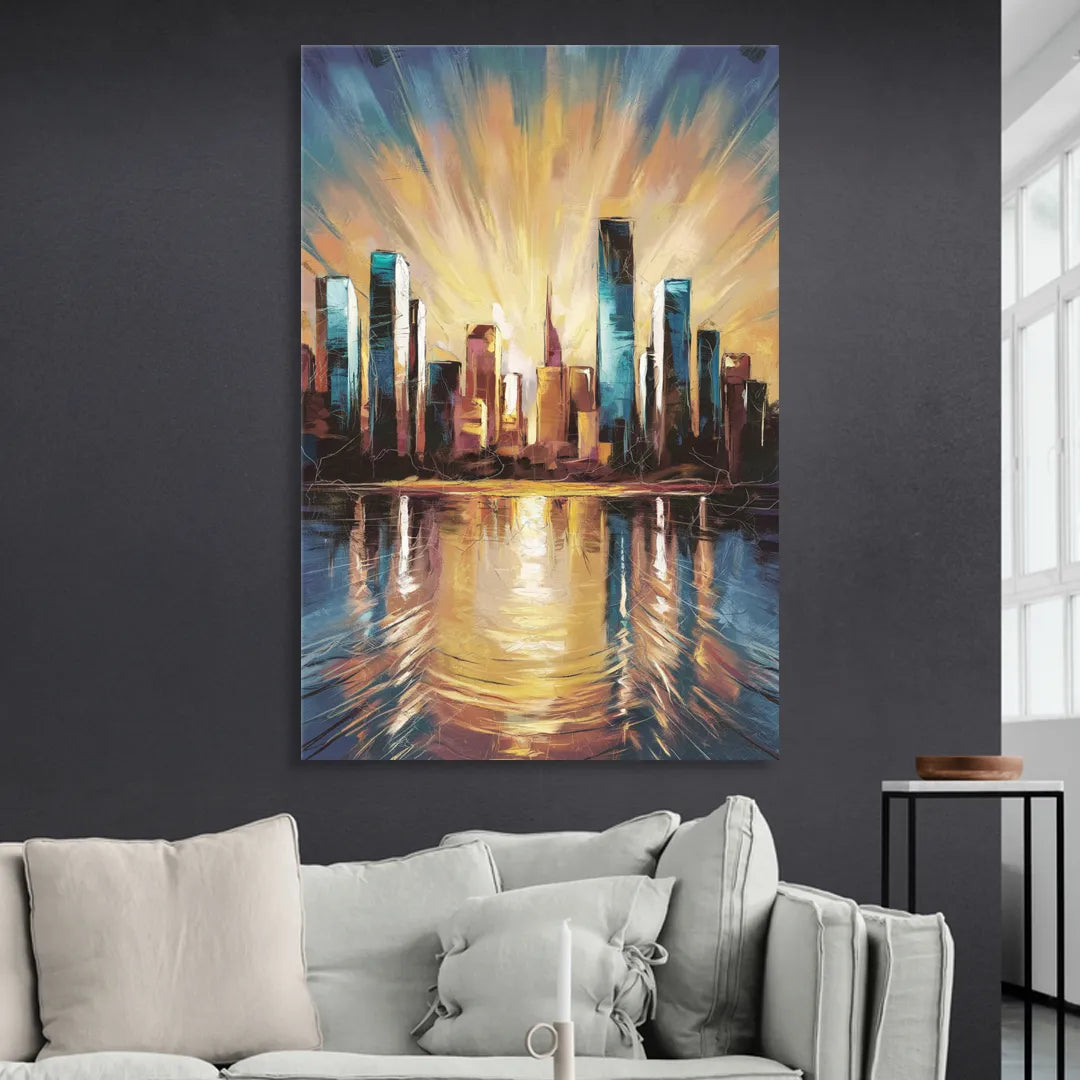 Riverside Sunset Over the City Living Room - Canvas Wall Art