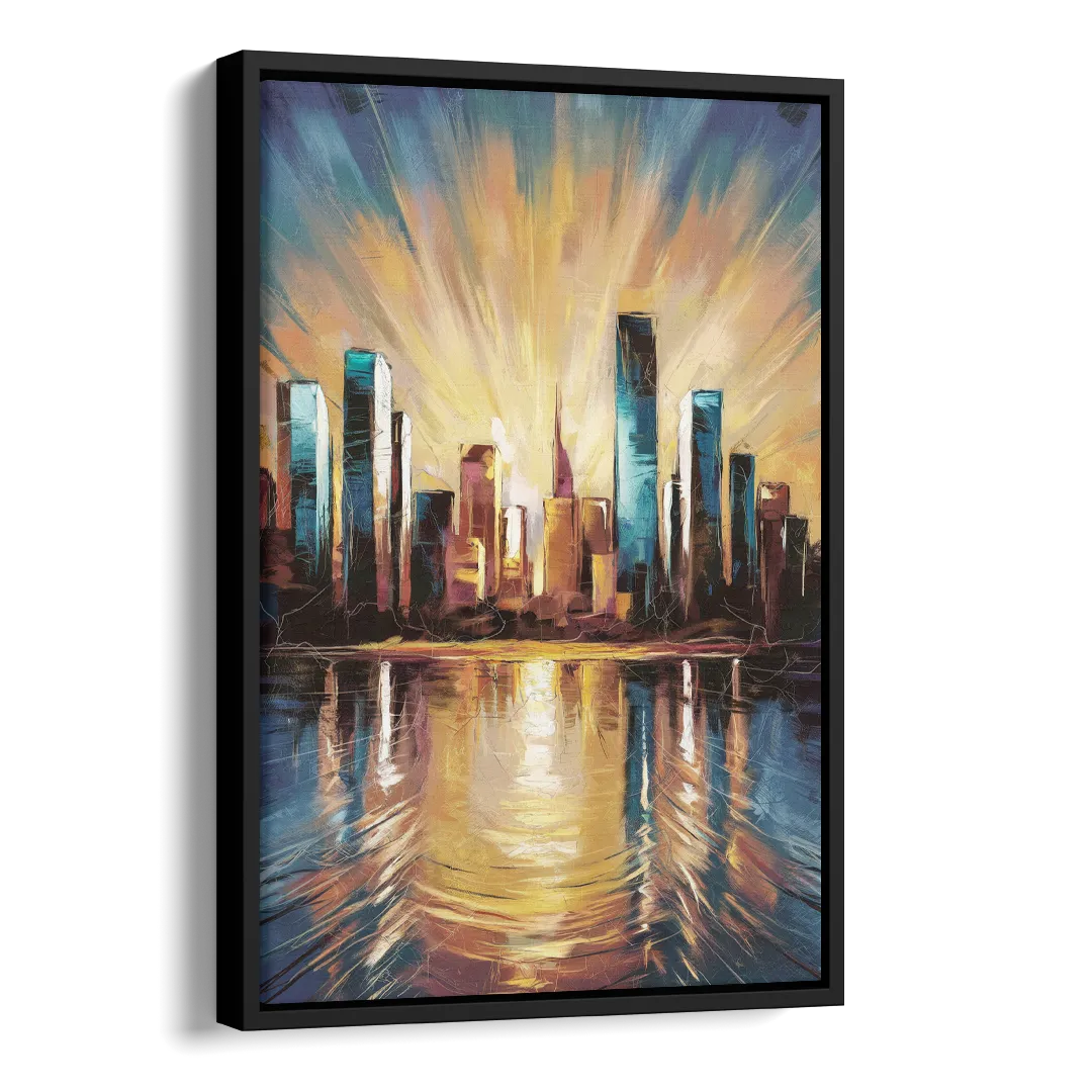 Riverside Sunset Over the City Side - Black Canvas Wall Art