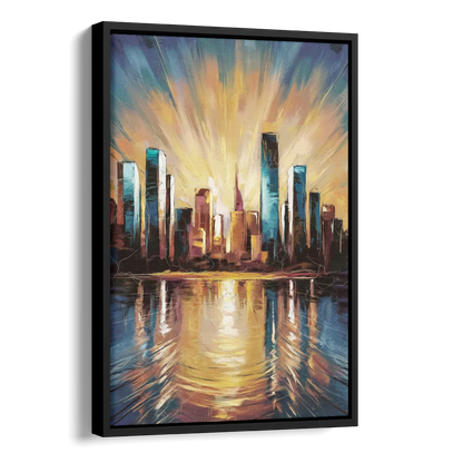 Riverside Sunset Over the City Side - Black Canvas Wall Art