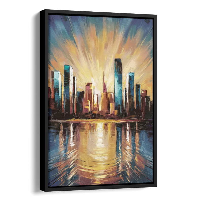 Riverside Sunset Over the City Side - Black Canvas Wall Art
