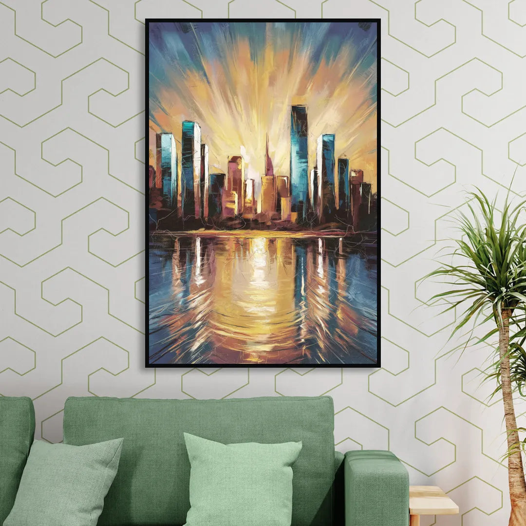 Riverside Sunset Over the City Sitting Room - Black Canvas Wall Art