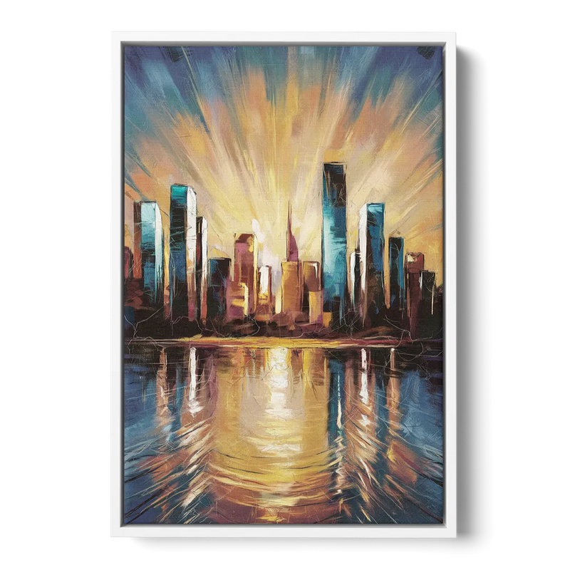 Riverside Sunset Over the City Front - White Canvas Wall Art