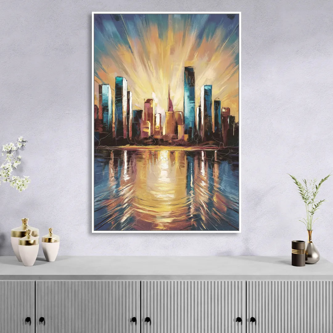 Riverside Sunset Over the City Living Room - White Canvas Wall Art