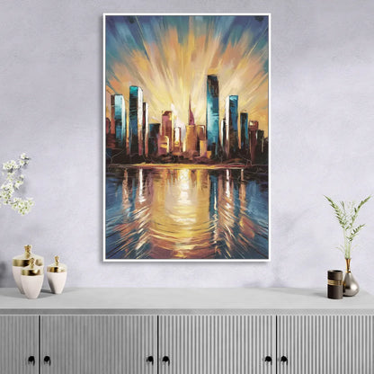 Riverside Sunset Over the City Living Room - White Canvas Wall Art