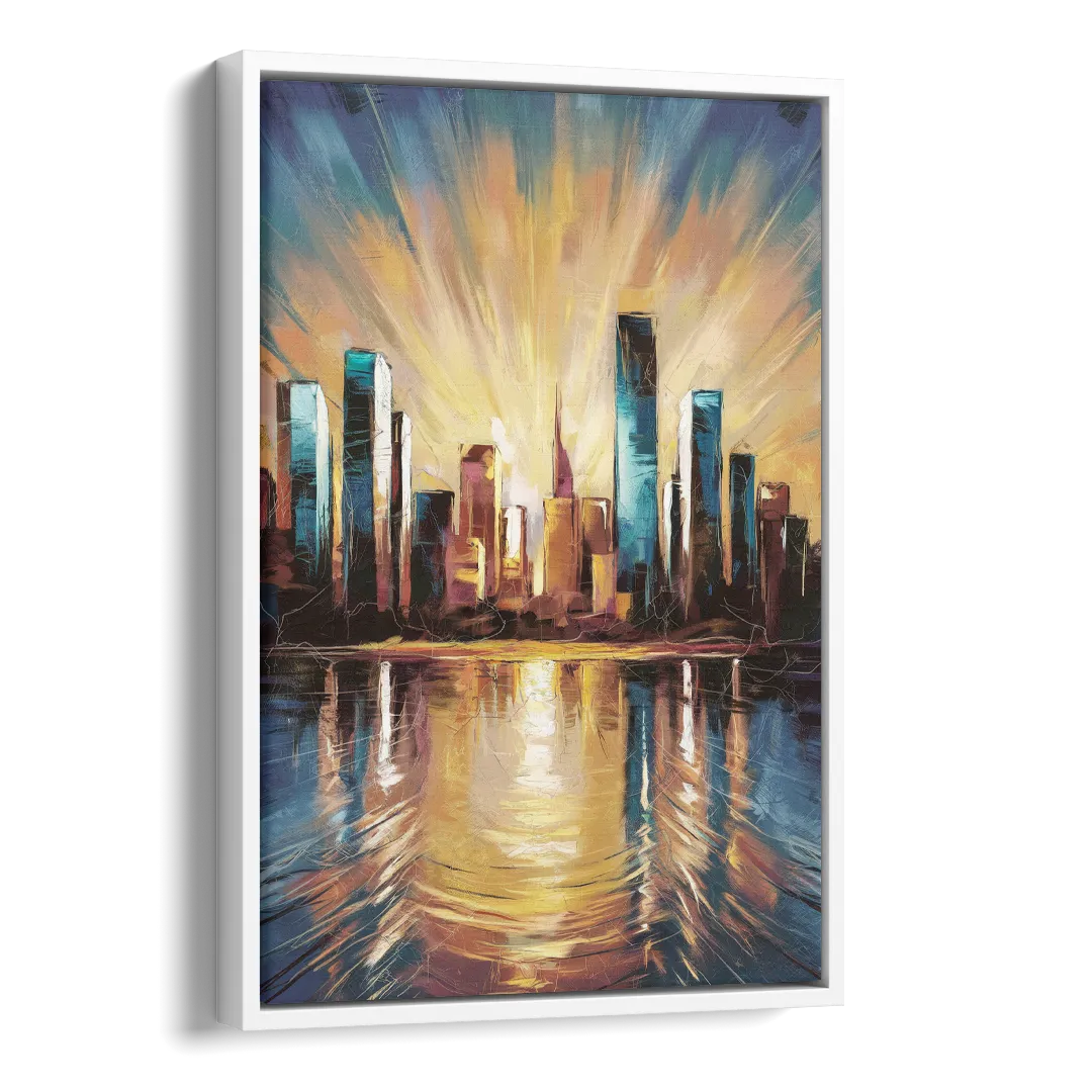 Riverside Sunset Over the City Side - White Canvas Wall Art