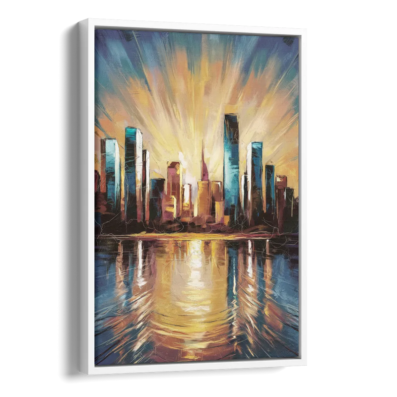 Riverside Sunset Over the City Side - White Canvas Wall Art