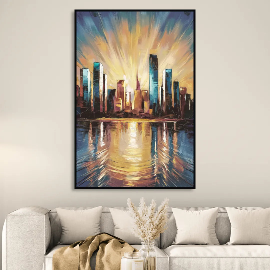 Riverside Sunset Over the City Living Room - Black Canvas Wall Art