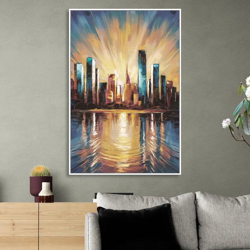 Riverside Sunset Over the City Sitting Room - White Canvas Wall Art