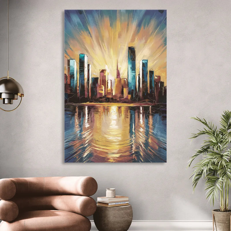 Riverside Sunset Over the City Sitting Room - Canvas Wall Art