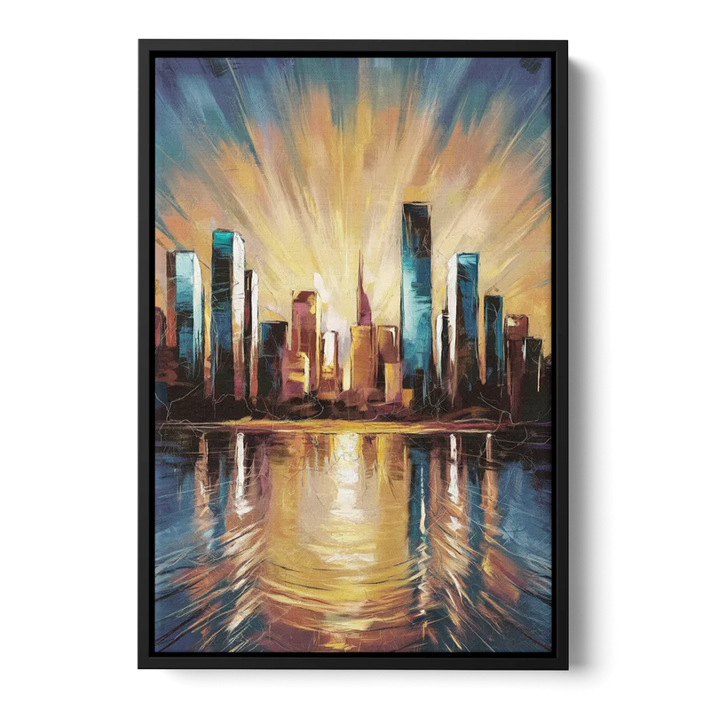 Riverside Sunset Over the City Front - Black Canvas Wall Art