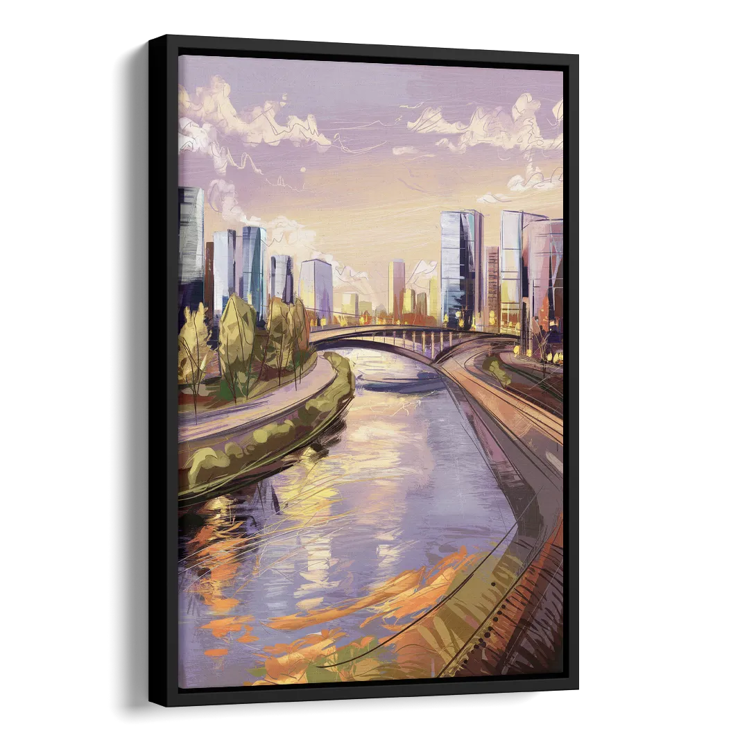 Riverside Urban Landscape Side - Black Canvas Wall Art