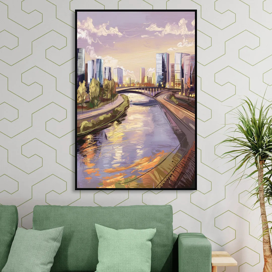 Riverside Urban Landscape Living Room - Black Canvas Wall Art
