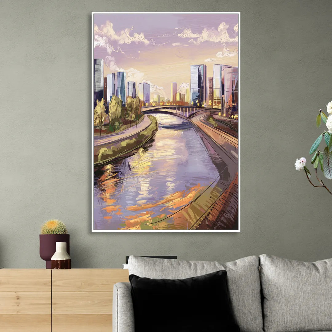 Riverside Urban Landscape Living Room - White Canvas Wall Art