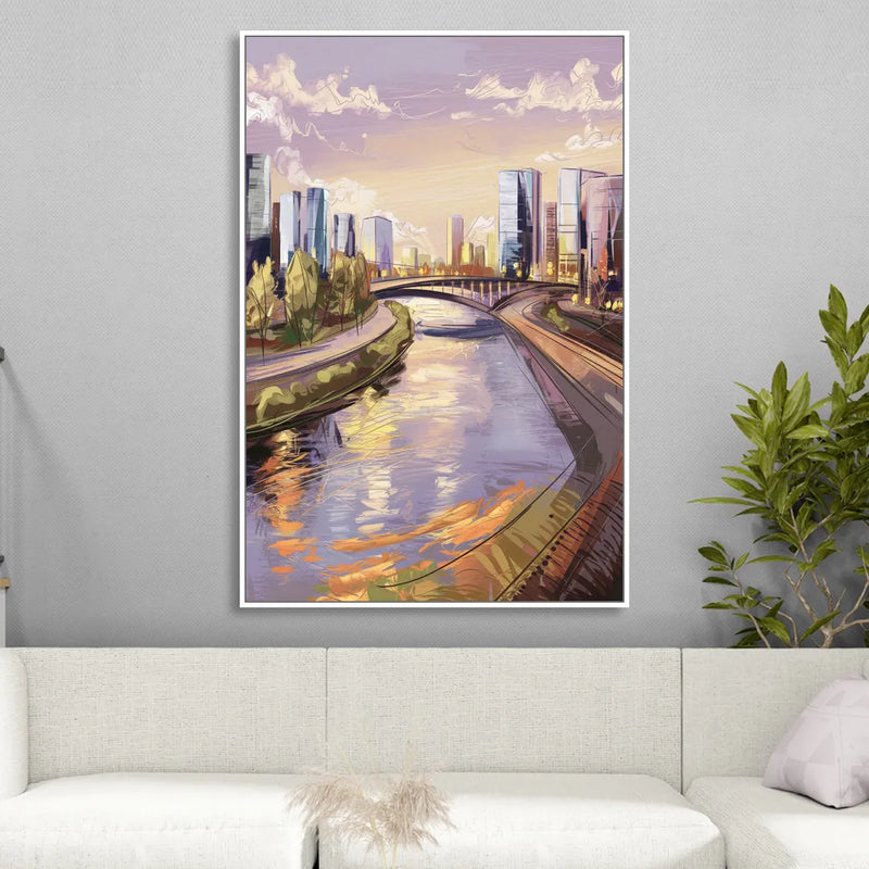 Riverside Urban Landscape Sitting Room - White Canvas Wall Art