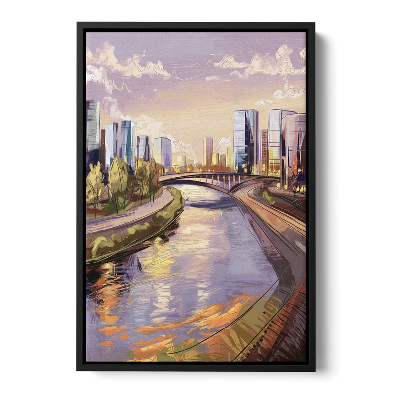 Riverside Urban Landscape Front - Black Canvas Wall Art