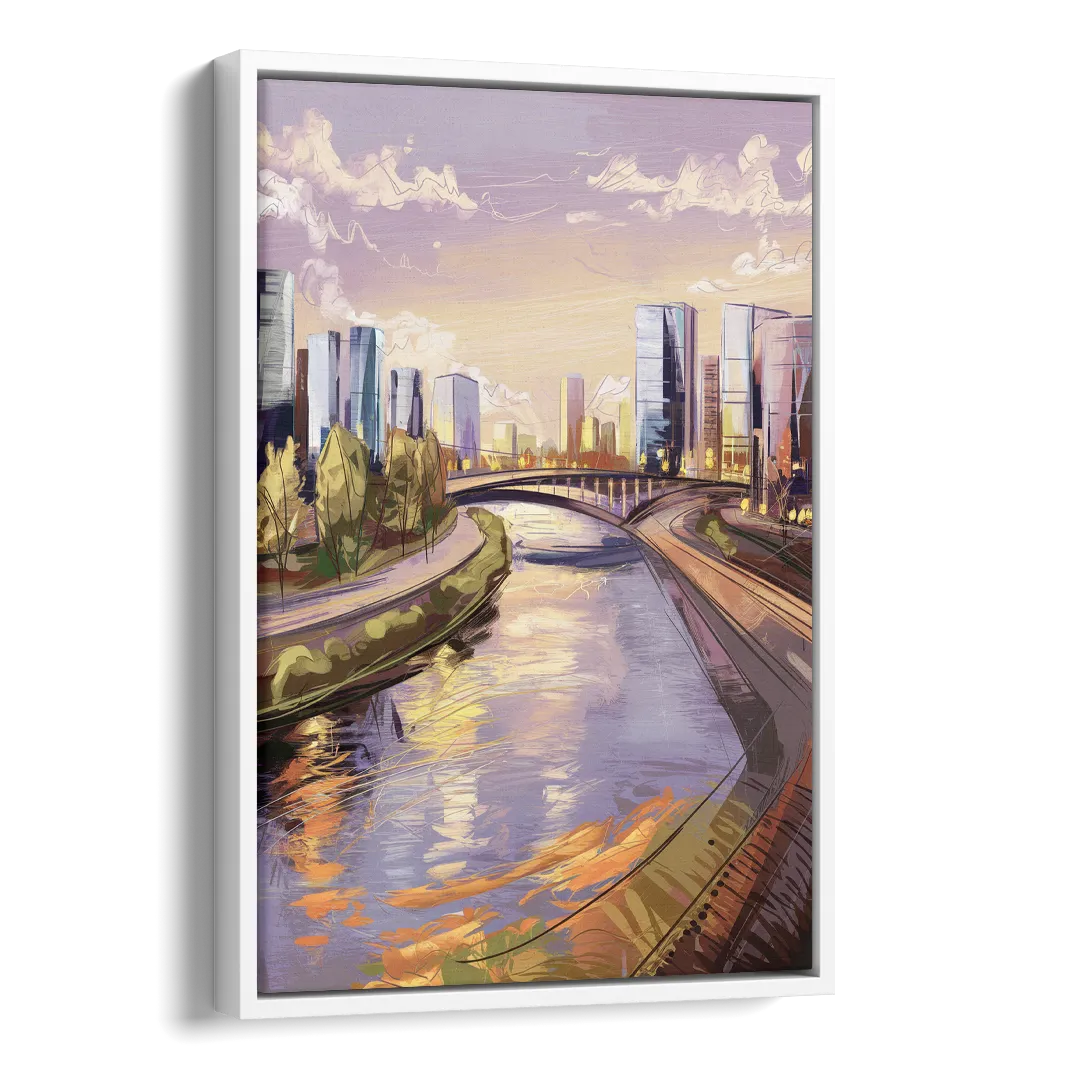 Riverside Urban Landscape Side - White Canvas Wall Art