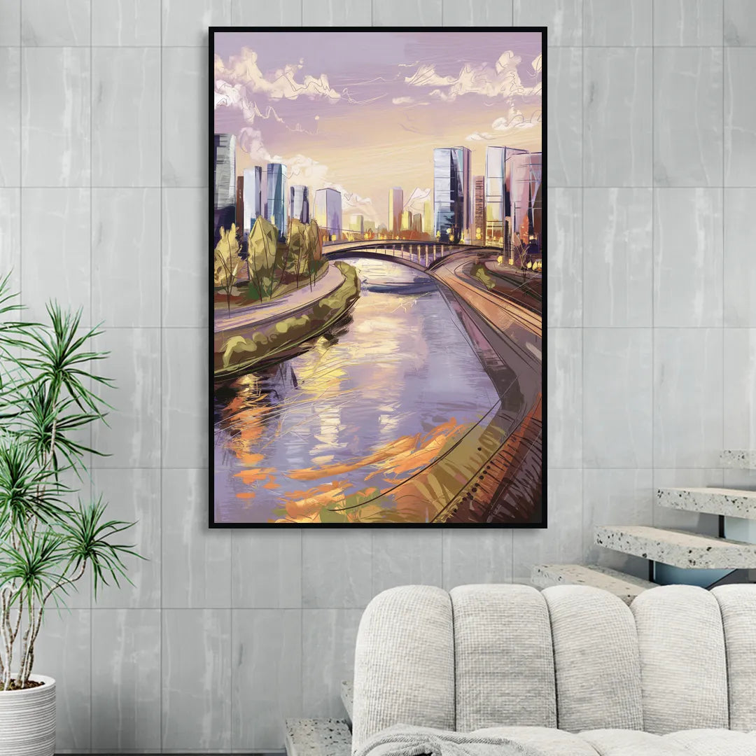 Riverside Urban Landscape Sitting Room - Black Canvas Wall Art