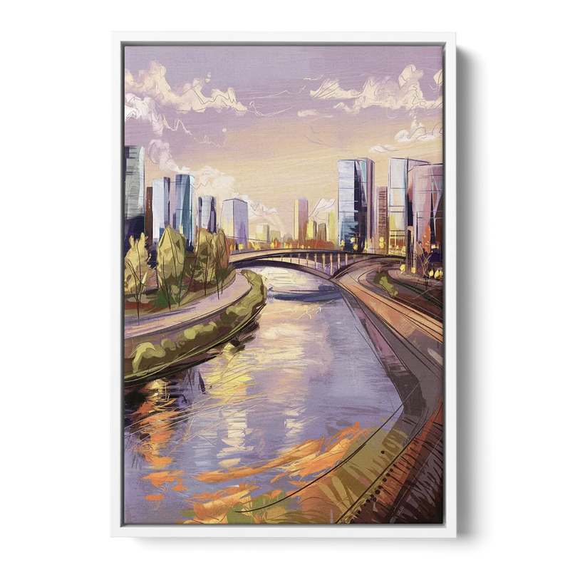 Riverside Urban Landscape Front - White Canvas Wall Art