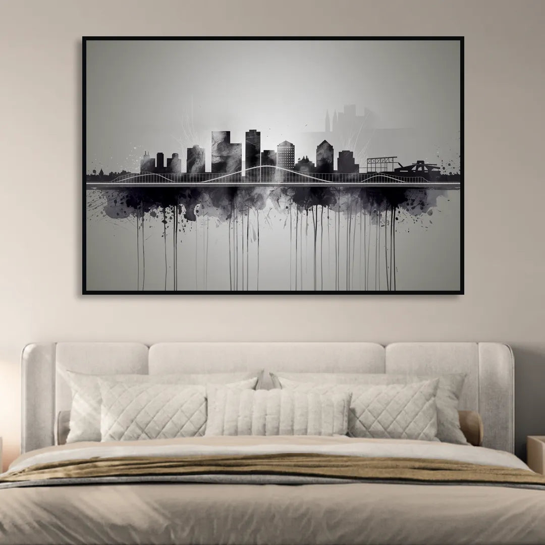 Rochester Cityscape Reflection Living Room - Black Canvas Wall Art