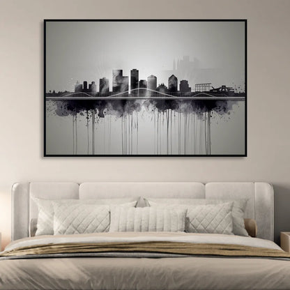 Rochester Cityscape Reflection Living Room - Black Canvas Wall Art