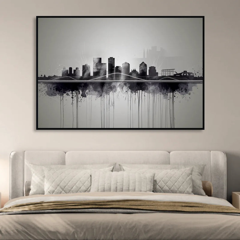 Rochester Cityscape Reflection Living Room - Black Canvas Wall Art