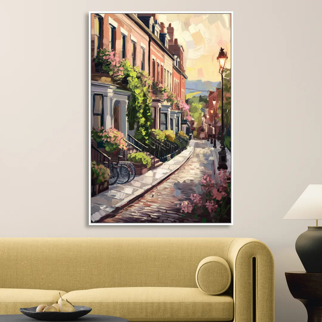 Rochester Cobblestone Streets Sitting Room - White Canvas Wall Art