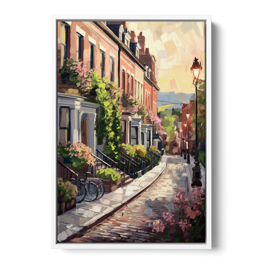Rochester Cobblestone Streets Front - White Canvas Wall Art