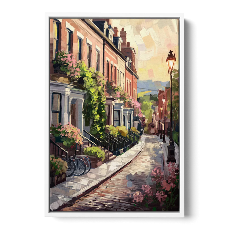 Rochester Cobblestone Streets Front - White Canvas Wall Art