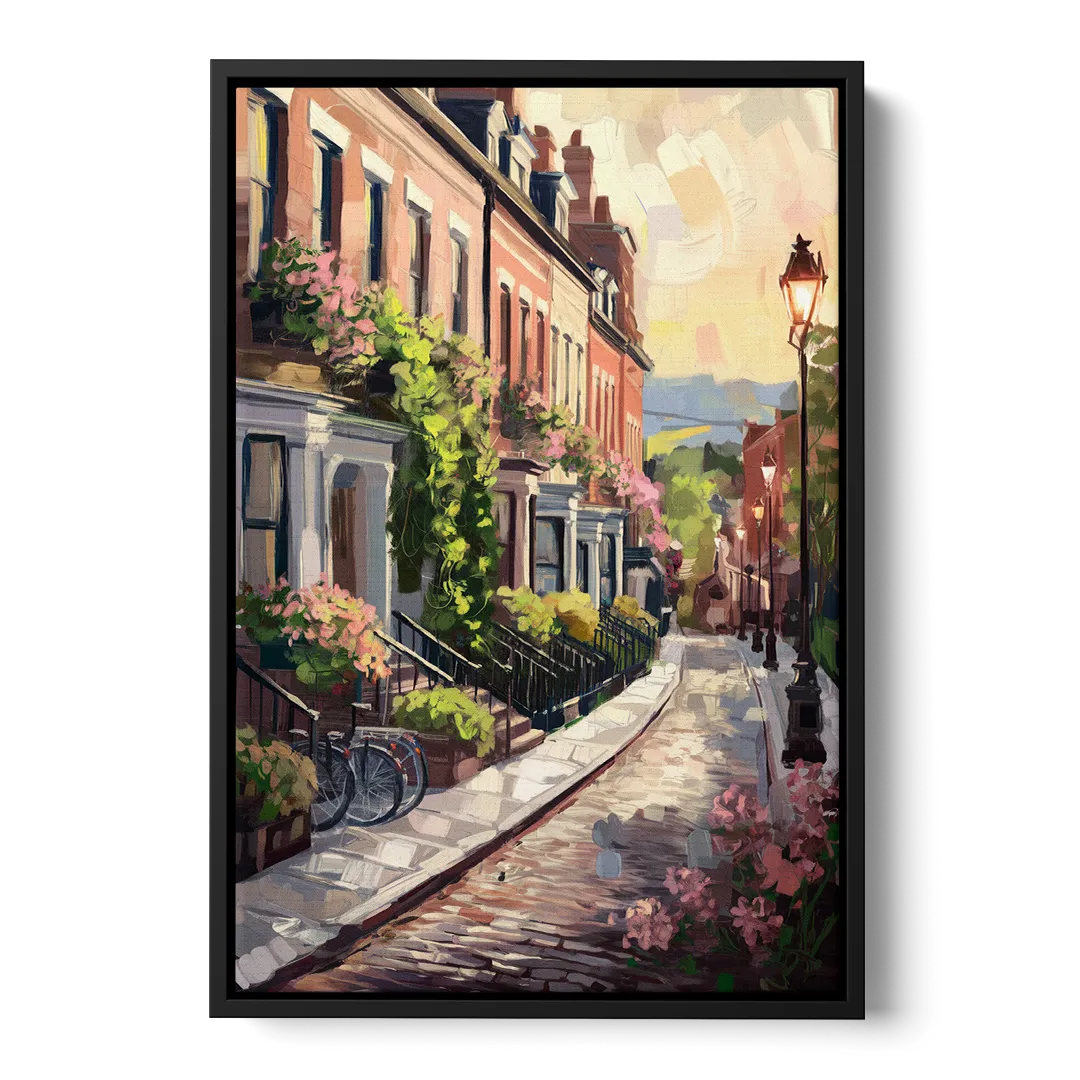 Rochester Cobblestone Streets Front - Black Canvas Wall Art
