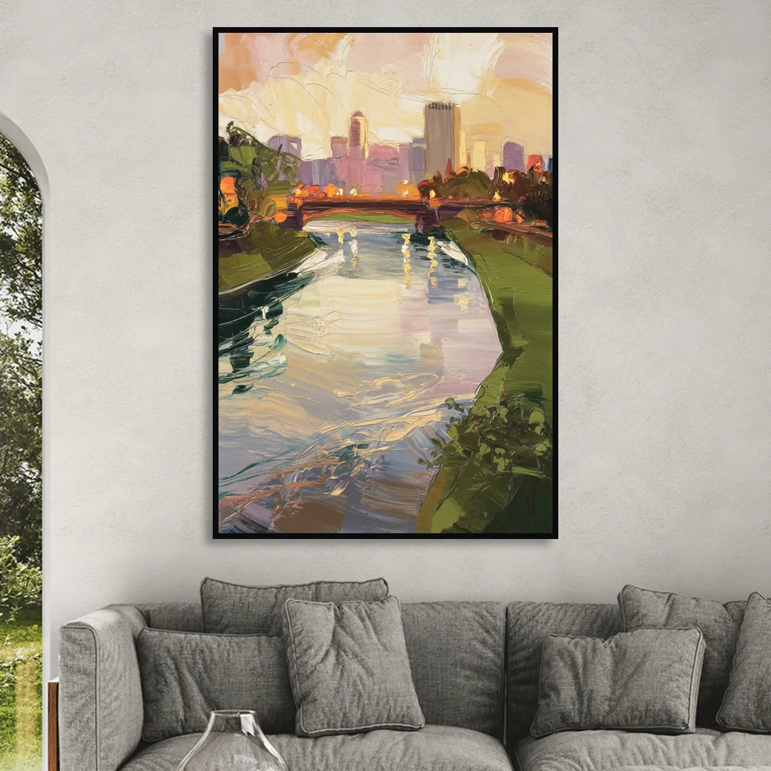 Rochester Genesee River View Living Room - Black Canvas Wall Art