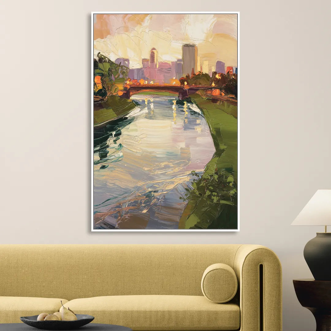Rochester Genesee River View Living Room - White Canvas Wall Art