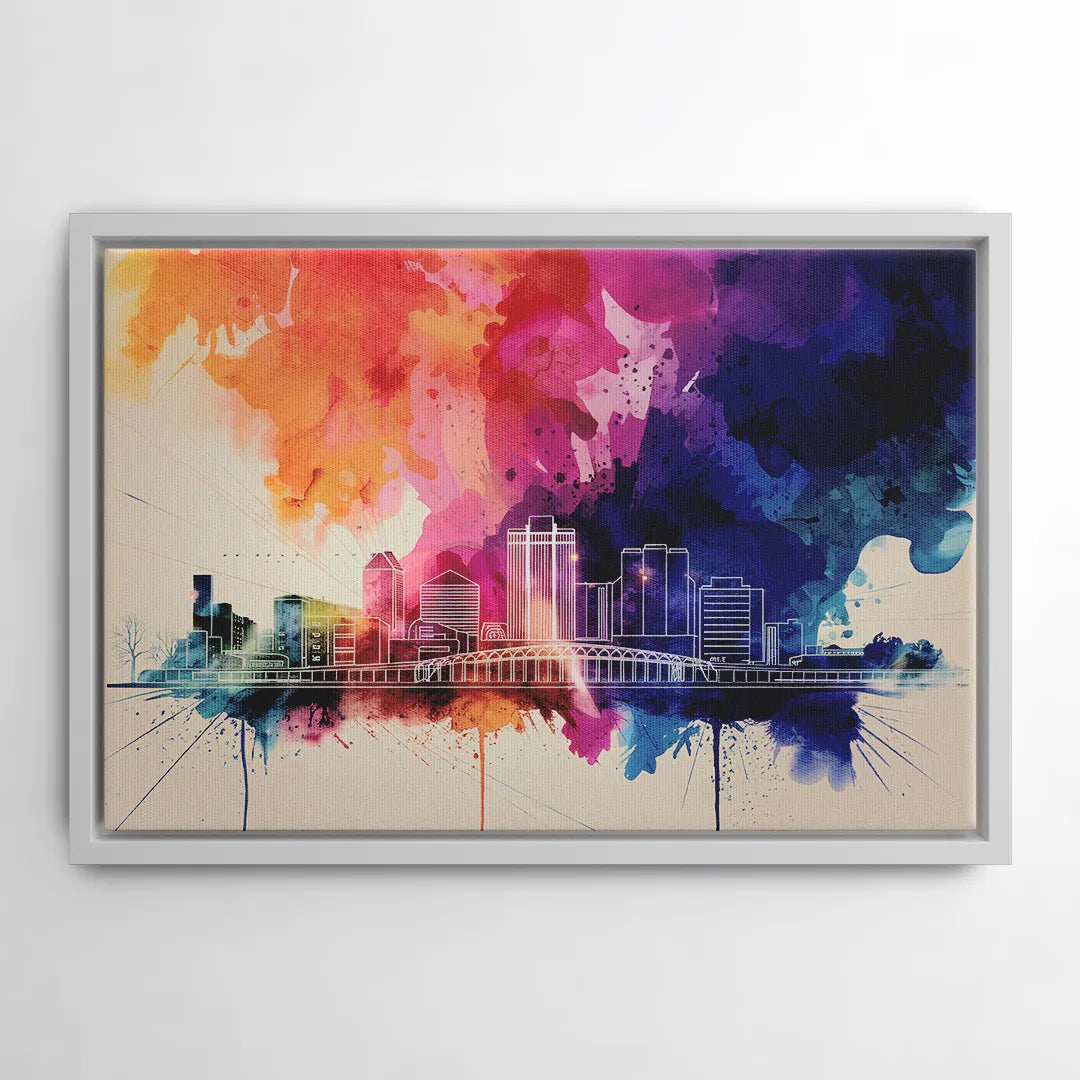 Rochester Skyline At Sunset - White Frame Canvas