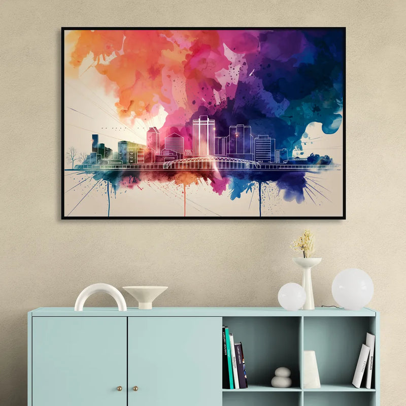 Rochester Skyline At Sunset Living Room - Black Canvas Wall Art