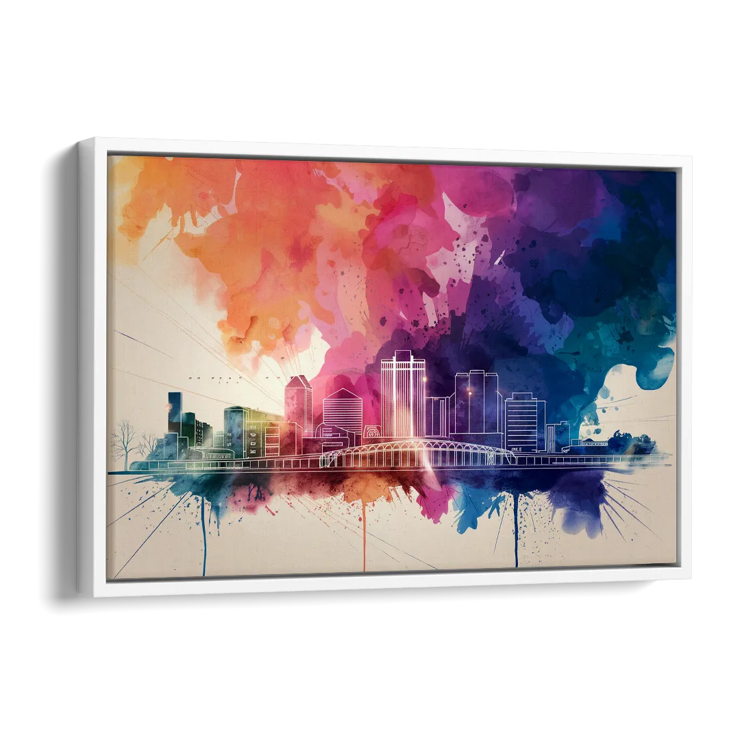 Rochester Skyline At Sunset Side - White Canvas Wall Art