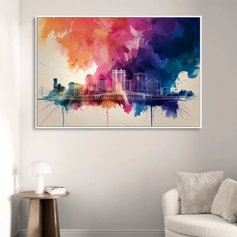 Rochester Skyline At Sunset Sitting Room - White Canvas Wall Art
