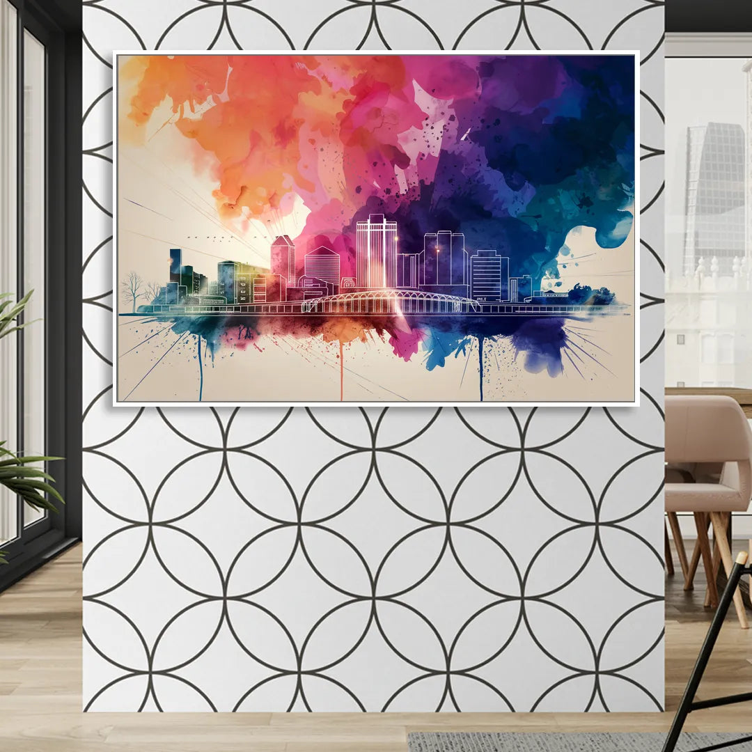 Rochester Skyline At Sunset Living Room - White Canvas Wall Art