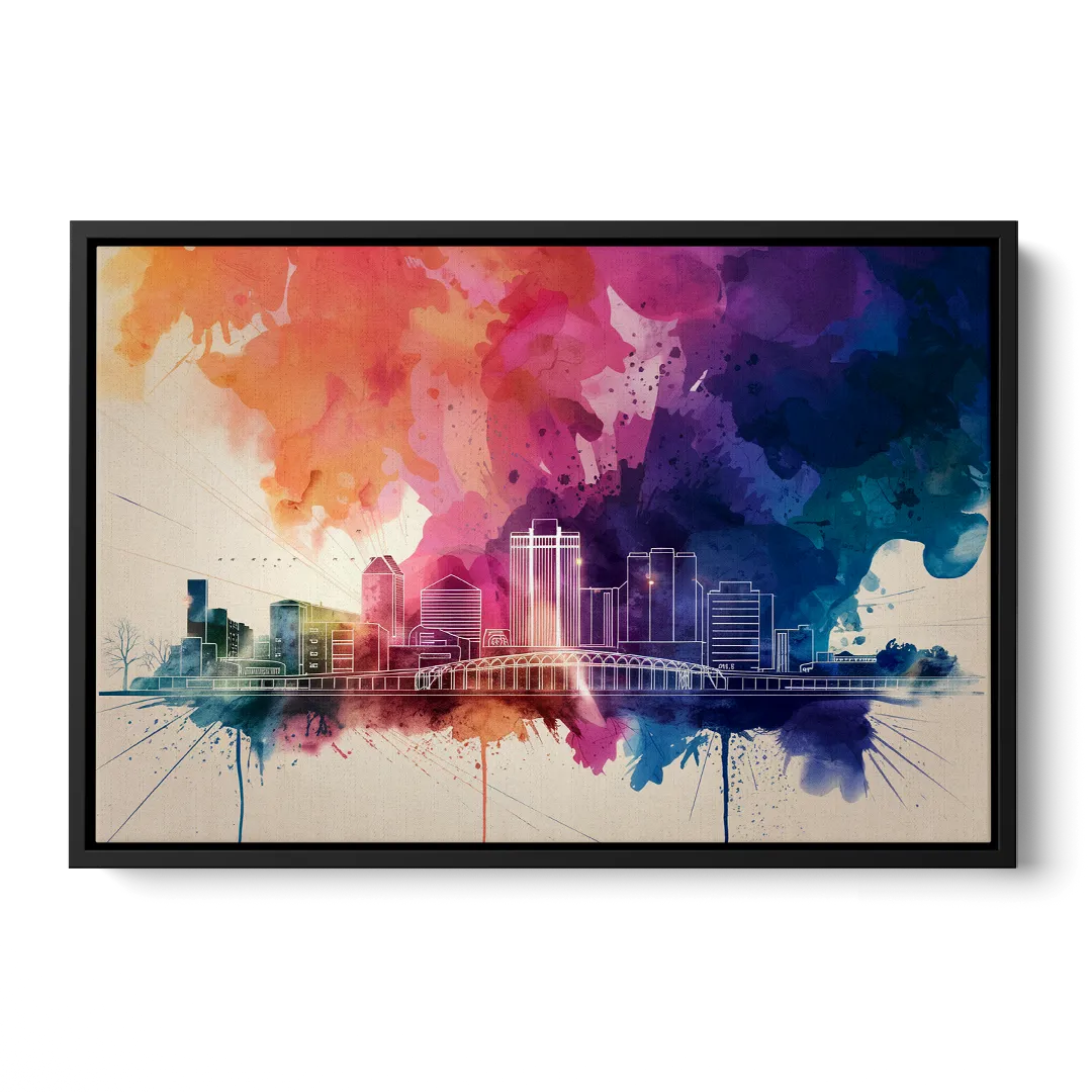 Rochester Skyline At Sunset Front - Black Canvas Wall Art