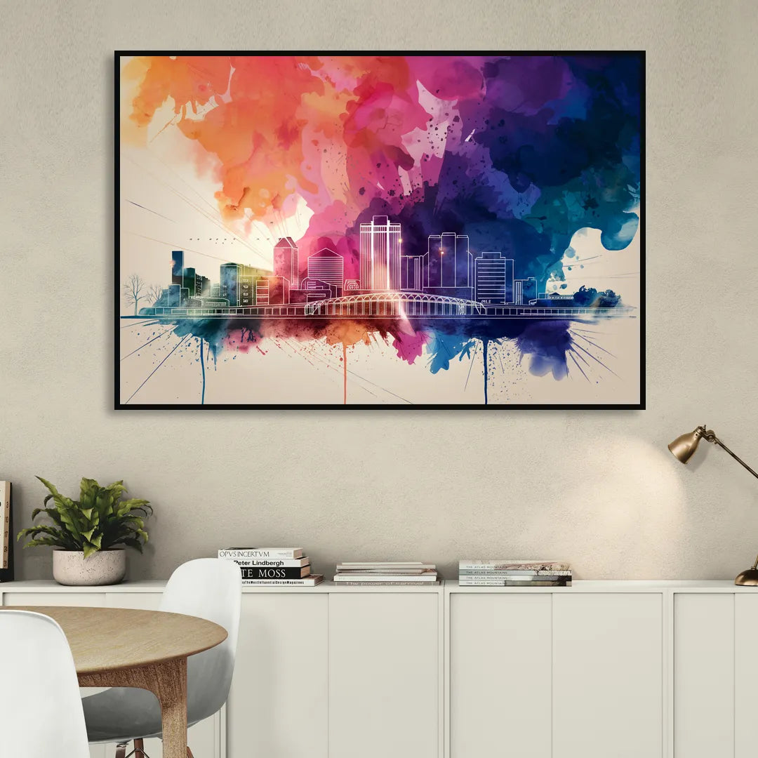 Rochester Skyline At Sunset Sitting Room - Black Canvas Wall Art