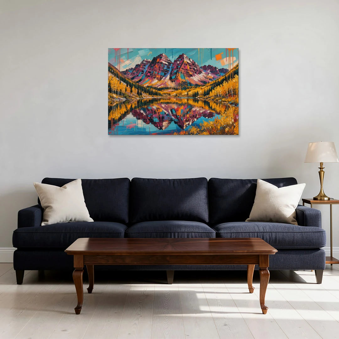 Rocky Mountains Painting of Maroon Bells - Canvas Wall Art - Sofa - 36x24