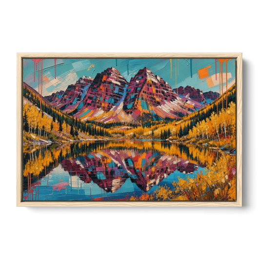 Rocky Mountains Painting of Maroon Bells - Oak Framed Canvas Wall Art - Front