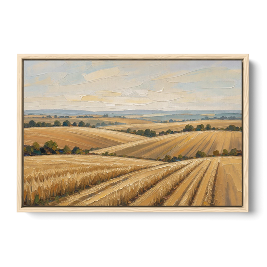 Rolling Hills Landscape Painting in Harvest Gold - Oak Framed Canvas Wall Art - Front